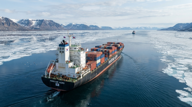 An aerial drone view of the South Korean container ship PanStar Acro navigating through icy waters in the Arctic alongside snow-covered mountain landscapes.