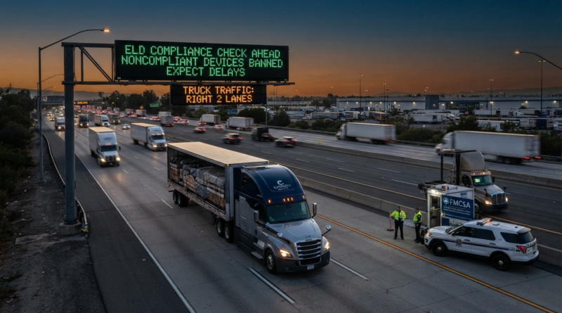 A realistic, wide-angle highway view at sunset featuring an overhead electronic message sign reading "ELD COMPLIANCE CHECK AHEAD NONCOMPLIANT DEVICES BANNED EXPECT DELAYS," with freight trucks and a roadside enforcement checkpoint involving law enforcement and inspection personnel.