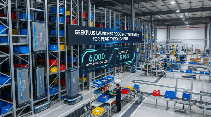 Modern automated warehouse interior featuring Geekplus RoboShuttle Hyper climbing autonomous mobile robots operating high-density storage racking and a digital display showing performance specs.