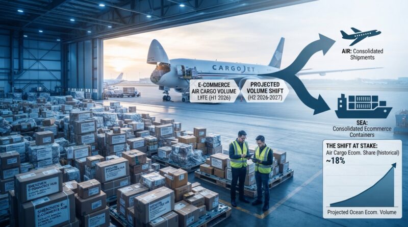 A realistic, wide-angle cargo terminal and tarmac view showing stacked ecommerce parcels and pallets inside a warehouse, with a large cargo airplane parked outside and graphic overlays illustrating a projected freight volume shift from air to ocean shipping.