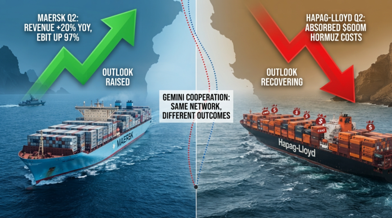 Split-screen conceptual image illustrating Q2 results for Gemini Cooperation partners Maersk and Hapag-Lloyd amid Strait of Hormuz disruptions, with a green upward arrow and positive metrics on the Maersk side, and a red downward arrow and cost indicators on the Hapag-Lloyd side.