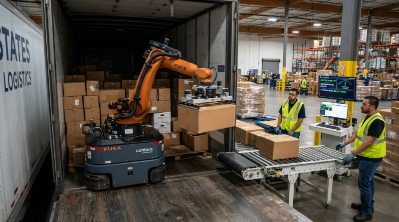 A realistic, wide-angle warehouse interior shot showing an autonomous mobile robot equipped with a KUKA industrial robotic arm and Contoro AI software unloading cardboard boxes from the interior of a semi-trailer. The robot is lifting a box to place it onto a conveyor system, while two warehouse workers in high-visibility vests and safety glasses monitor the automated process from a nearby control station and conveyor line.