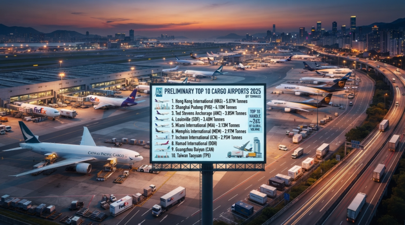 An elevated view of a massive international air cargo hub at twilight, featuring numerous large freighters from FedEx, UPS, and Cathay Pacific, alongside a large illuminated billboard displaying the ACI preliminary top 10 cargo airports ranking for 2025 by tonnage.