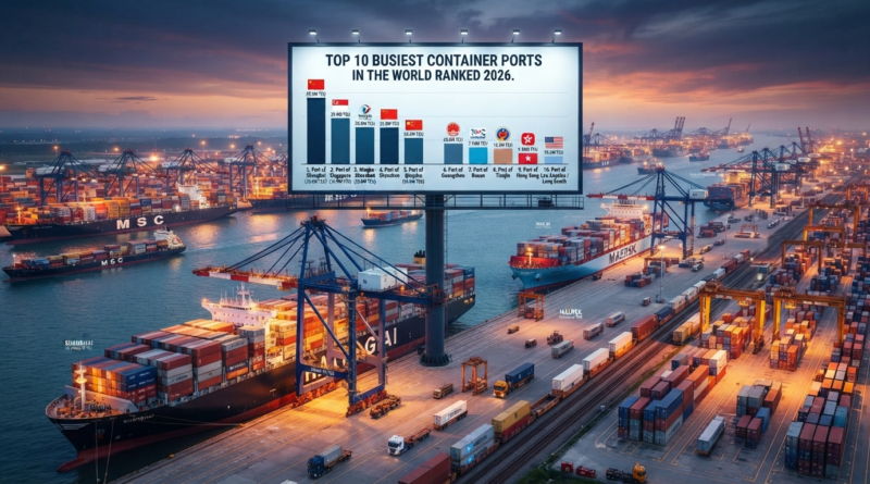 Aerial view of a major international container port terminal at sunset with massive gantry cranes and cargo ships, featuring a billboard displaying the top 10 busiest container ports in the world ranked for 2026.