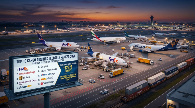 Aerial view of a major international airport cargo hub at sunset with dedicated freighters from FedEx, Emirates SkyCargo, and Atlas Air, featuring a billboard displaying the top 10 cargo airlines ranked for 2026.