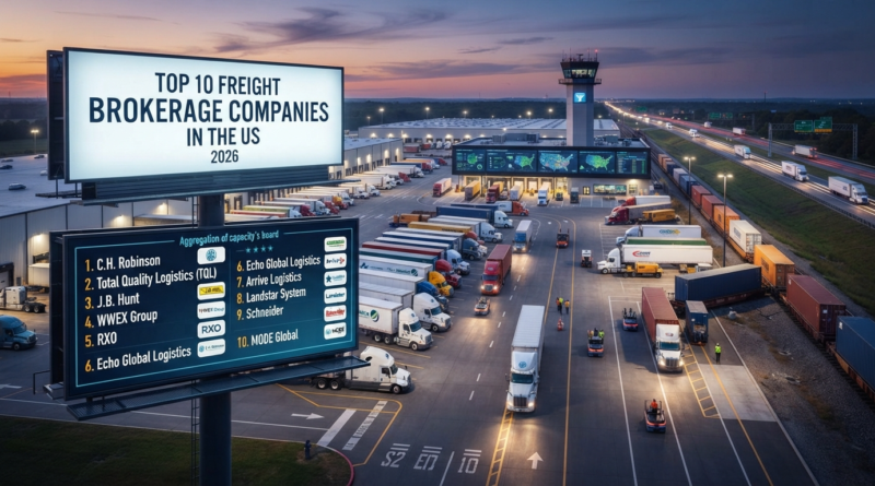 Aerial view of a major freight brokerage operations center and logistics terminal at sunset, showing a large billboard displaying the top 10 US freight brokerage companies ranked for 2026.