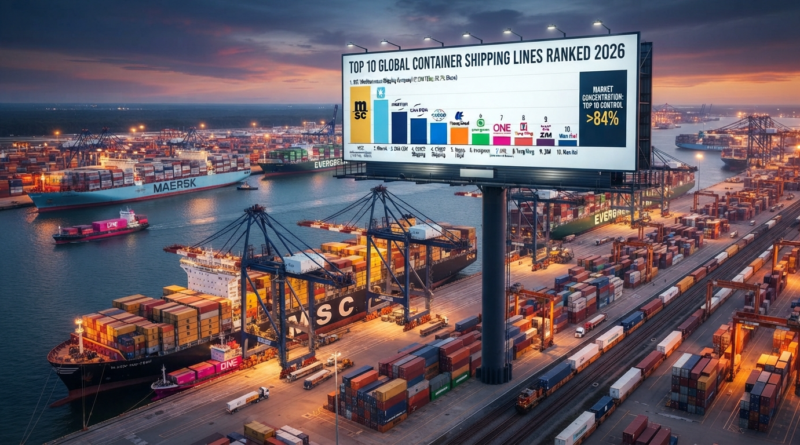 Aerial view of a bustling container port terminal at sunset with mega container ships and massive gantry cranes, featuring a large billboard displaying the top 10 global container shipping lines ranked for 2026.