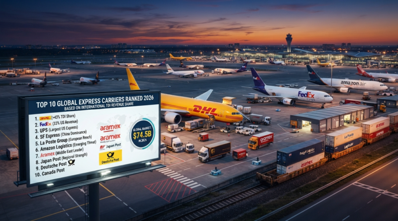 Aerial view of a major international express shipping and logistics hub at twilight, featuring dedicated cargo aircraft from DHL, FedEx, UPS, and Amazon Air, alongside a digital billboard displaying the top 10 global express carriers ranked for 2026.