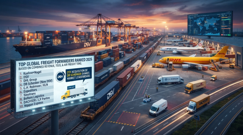 Aerial view of a major international logistics hub at twilight featuring container ships, cargo aircraft, freight trucks, and a digital billboard displaying the top global freight forwarders ranked for 2026.