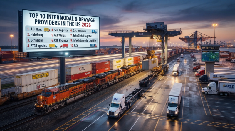 Aerial view of an intermodal rail and drayage terminal at twilight, featuring freight trains, container cranes, and a large billboard displaying the top 10 US intermodal and drayage providers ranked for 2026.