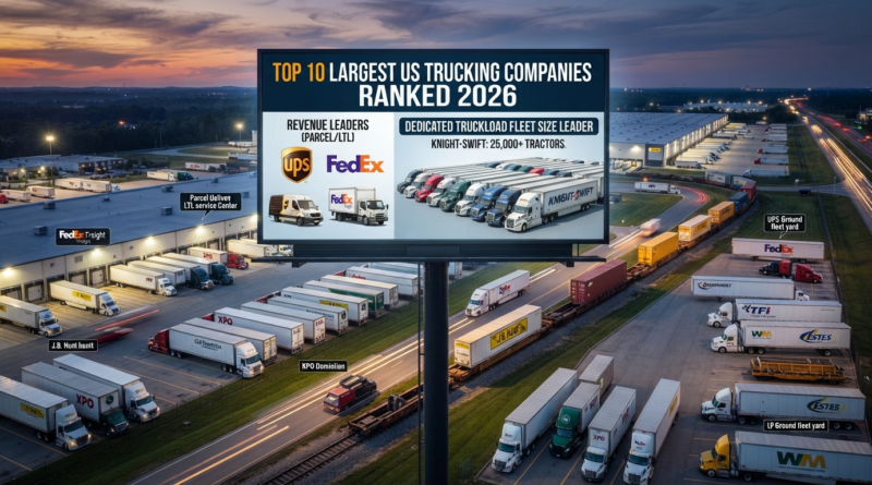 Aerial view of a major distribution hub and freight terminal at twilight featuring semi-trucks, intermodal containers, and a billboard displaying the top US trucking company rankings for 2026.