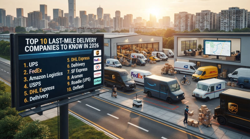 Urban street view of a last-mile delivery distribution hub with delivery vans from UPS, FedEx, Amazon Logistics, and USPS, featuring a digital billboard displaying the top 10 last-mile delivery companies for 2026.